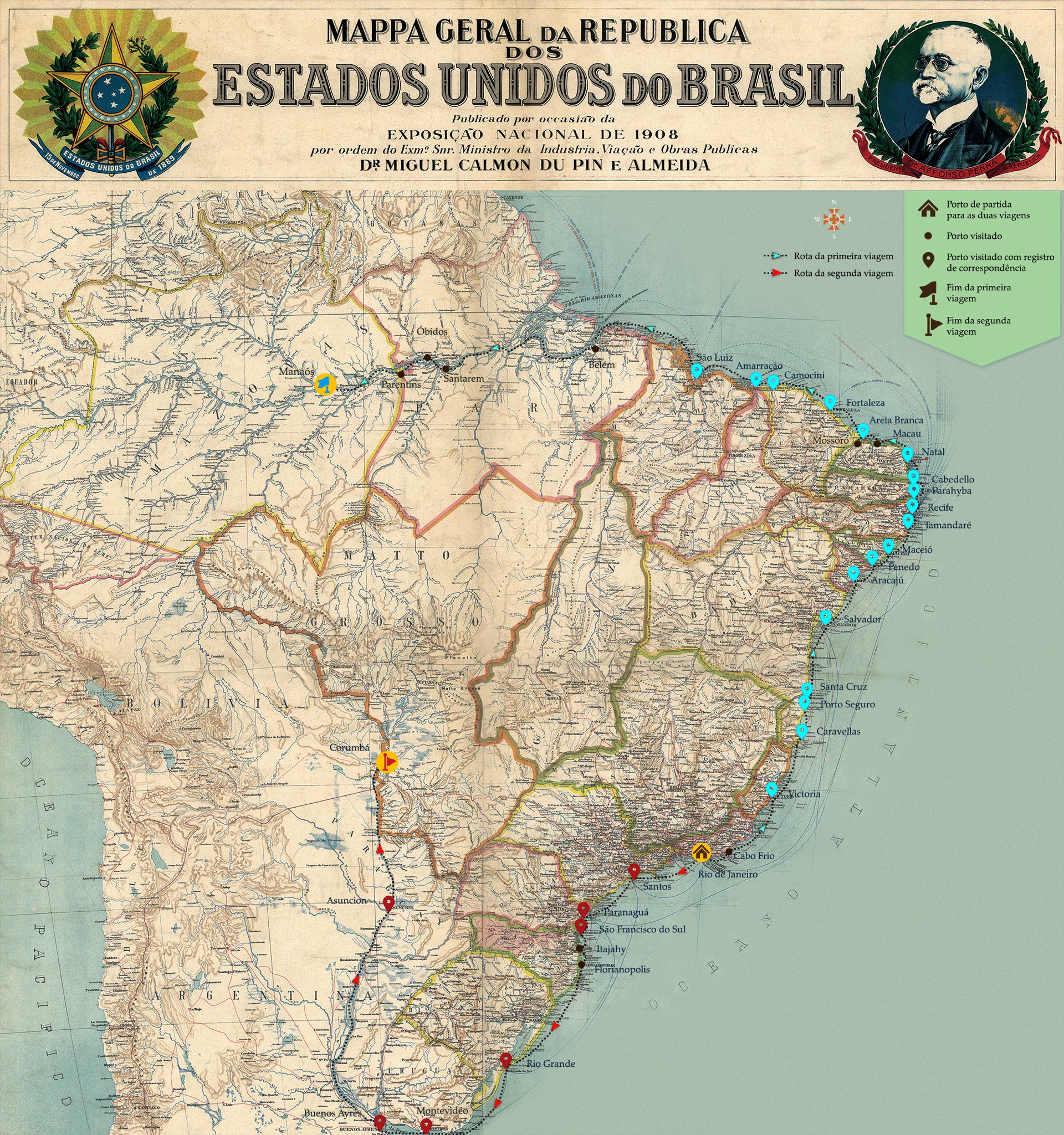 Mapa geral da República dos Estados Unidos do Brasil. Publicado por occasião da Exposição Nacional de 1908 por ordem do Excelentíssimo Senhor Ministro da Industria, Viação e Obras Públicas Doutor Miguel Calmon Du Pin e Almeida